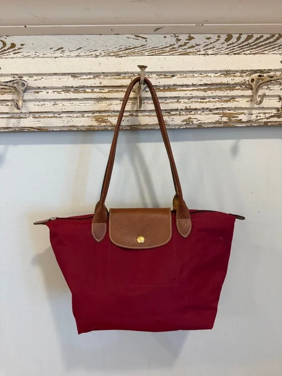 Longchamp Red Nylon Tote with Brown Leather Trim - Picture 2 of 14